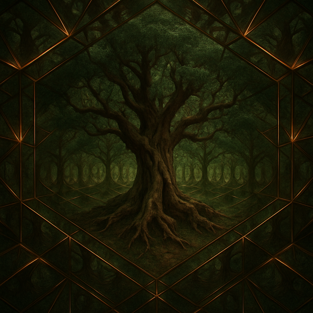 !gpt4o An ancient tree reflected within a Fractal Infinity Mirror, creating endlessly repeating pat…