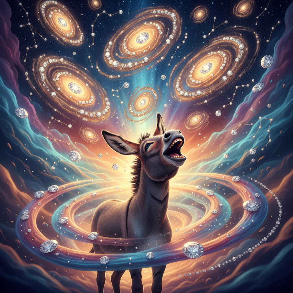 The Cosmic Laugh
!nb A joyful donkey laughing beneath a universe made entirely of golden galaxies a…
