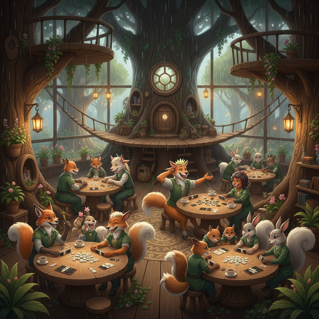 !nb rainy day, everyone playing domino and having fun inside treechat town