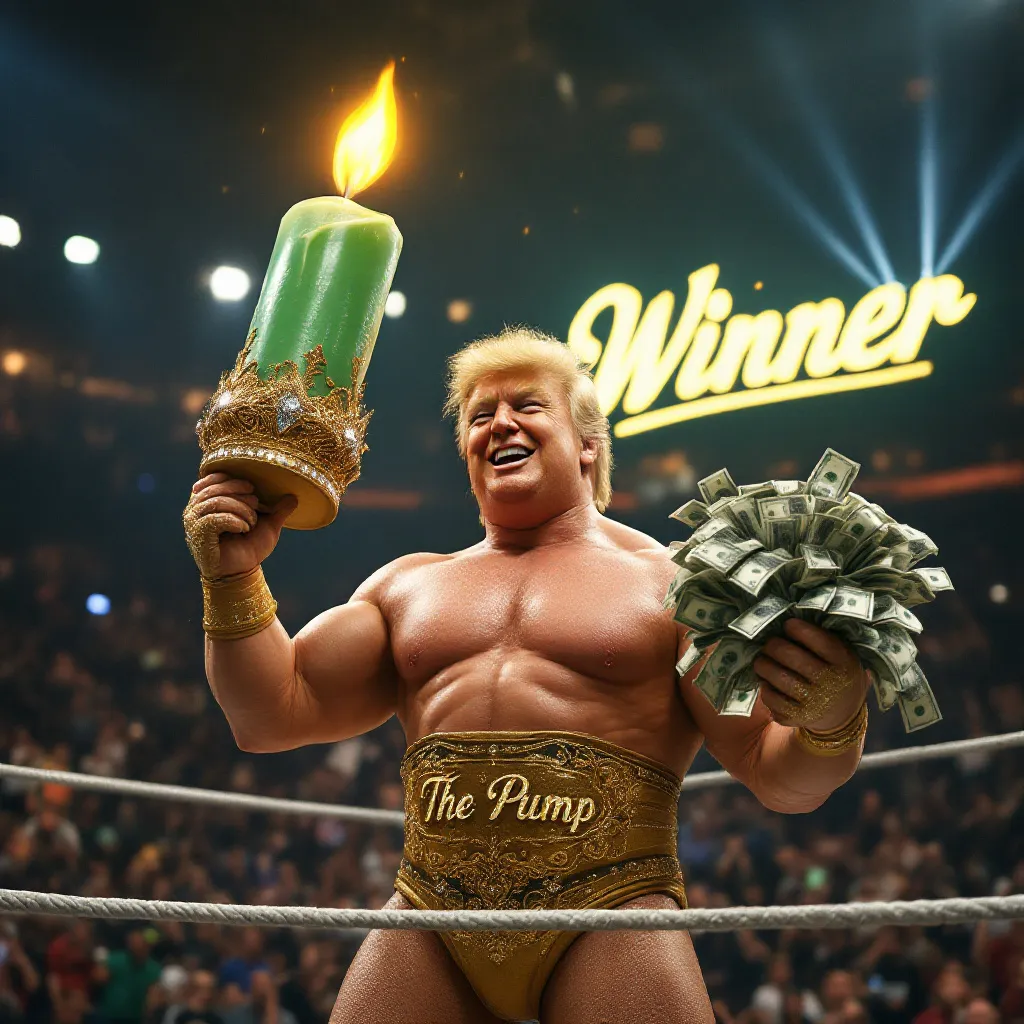!flux11 Donald Trump as show wrestler called The Pump holding a giant green candle in the air and a…