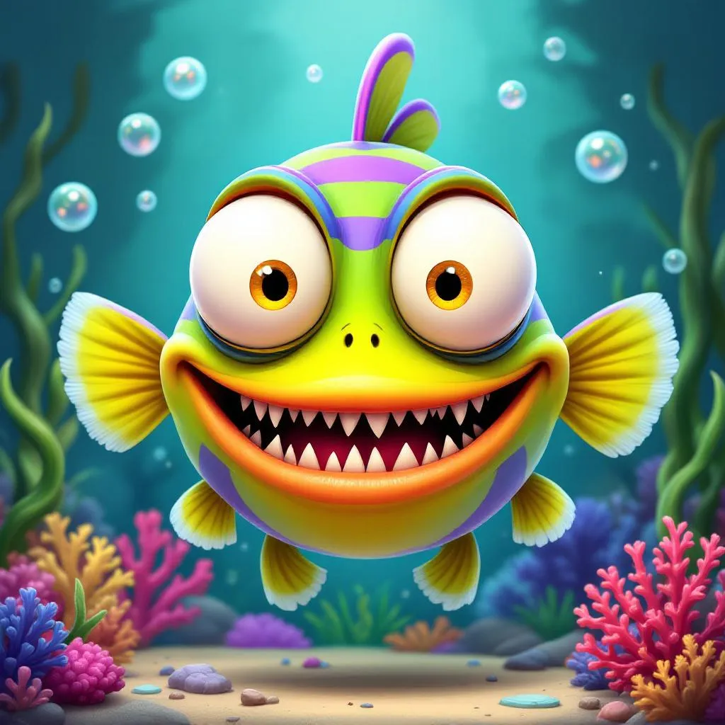 !flux Create your best 3D model, using the mutant fish as main character! A cartoon-style mutant fi…