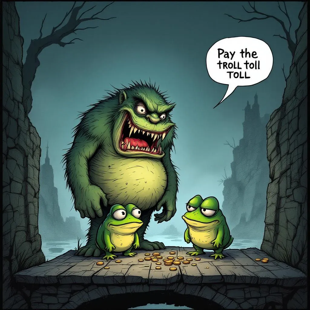 !flux large gruesome cartoon troll standing on the bridge with comic bubble over his head saying:Pa…