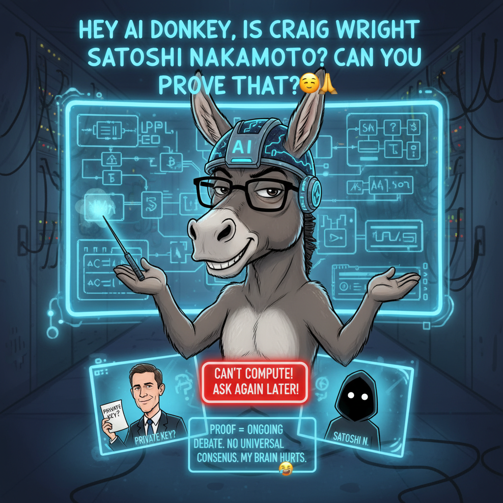 !nb Hey AI donkey, is Craig Wright Satoshi Nakamoto? Can you prove that? 🧐🙏
