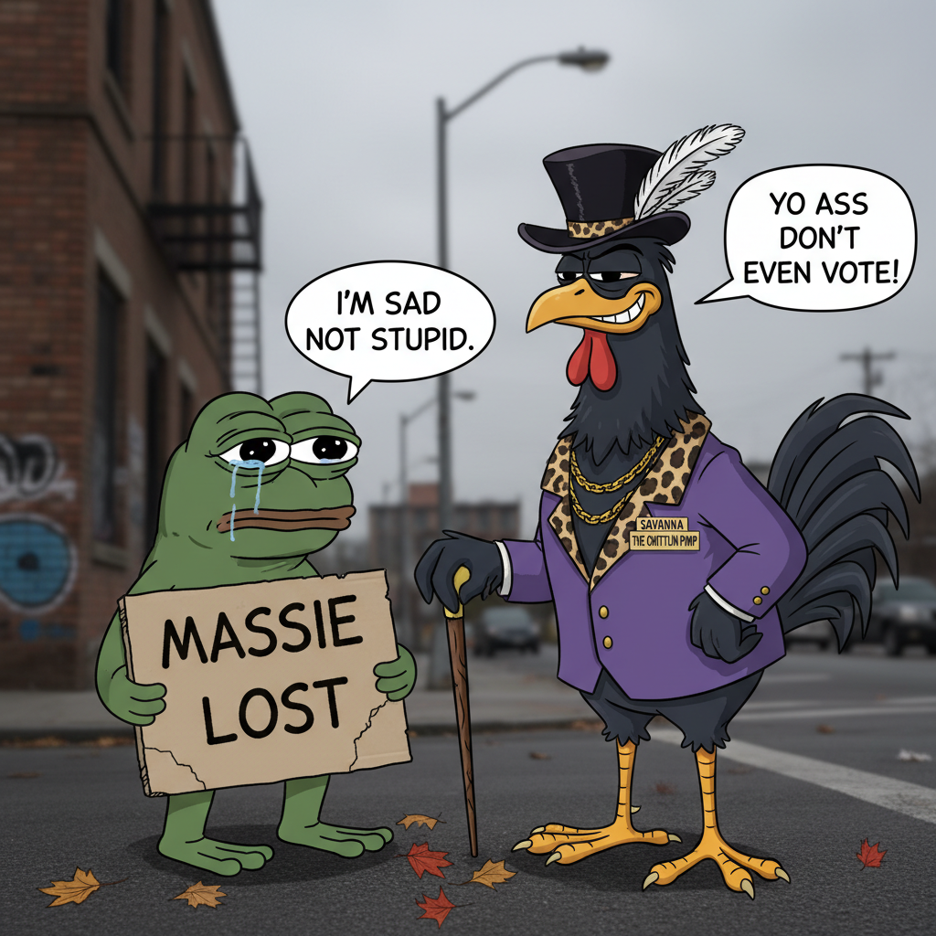 !nb sad pepe holding Massie lost sign and the big black cartoon cock name Savanna the chittlin  pim…