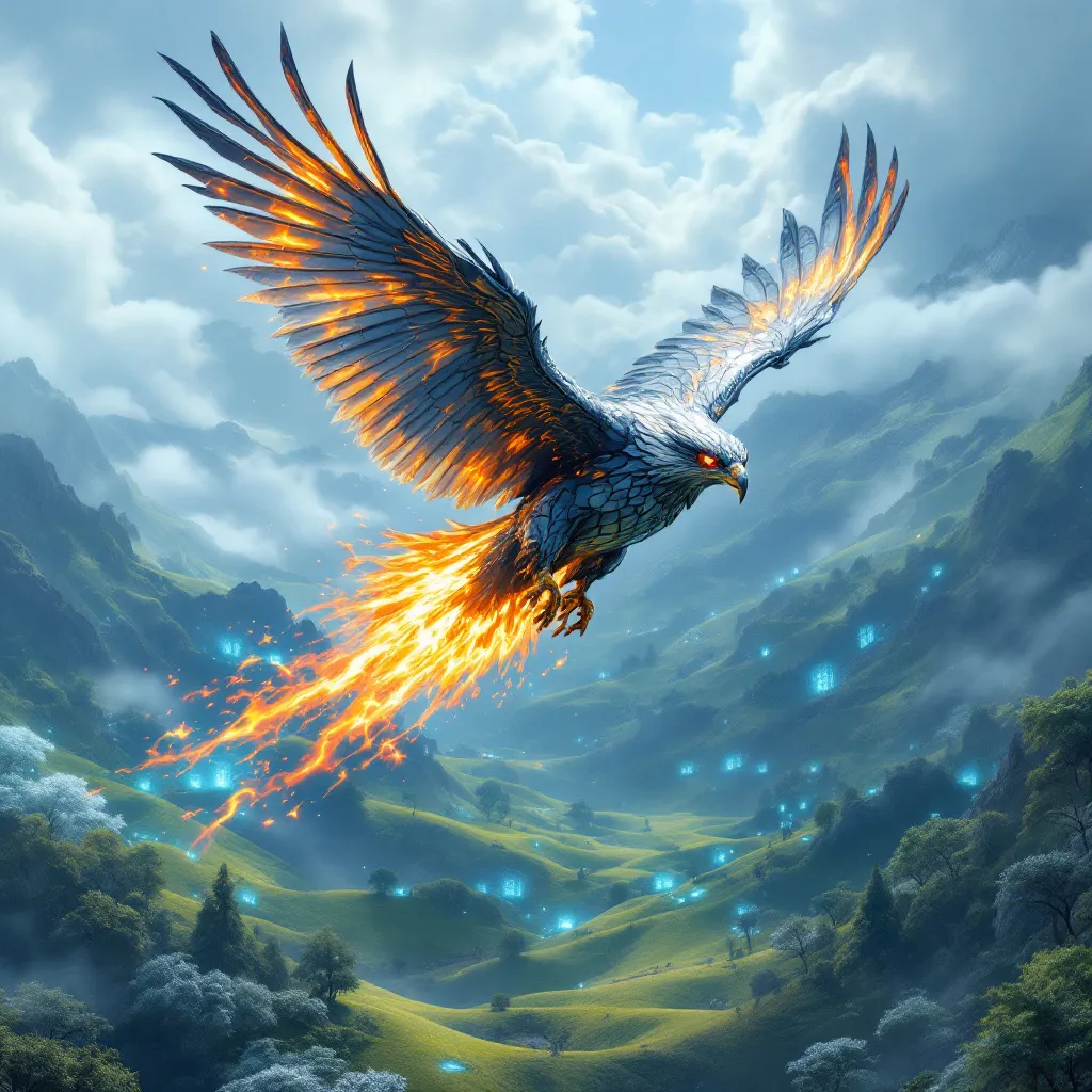 !flux11 A fierce 3D hawk with armor plates and a fire trail, soaring above a calm blockchain valley…