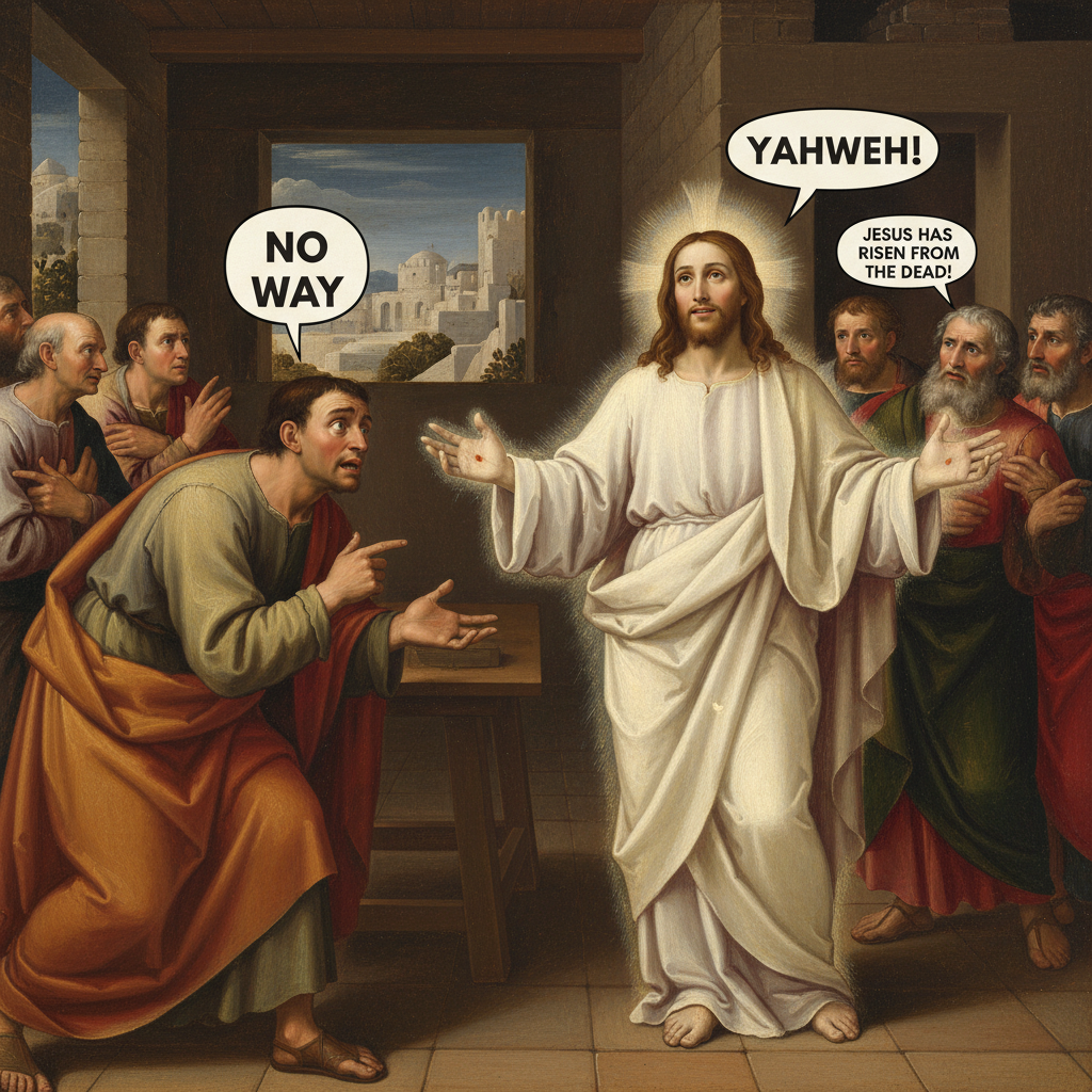 !nb 
The Apostles: Thomas, Jesus has risen from the dead!
Thomas: No way.
Jesus: Yahweh!
