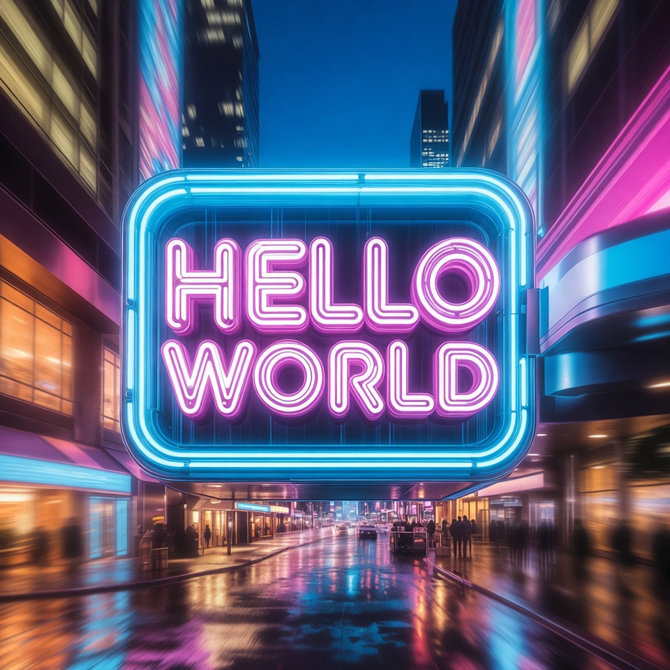 GROK Imagine:
create a futureistic square HELLO WORLD image with a neon feel  of a wet city street