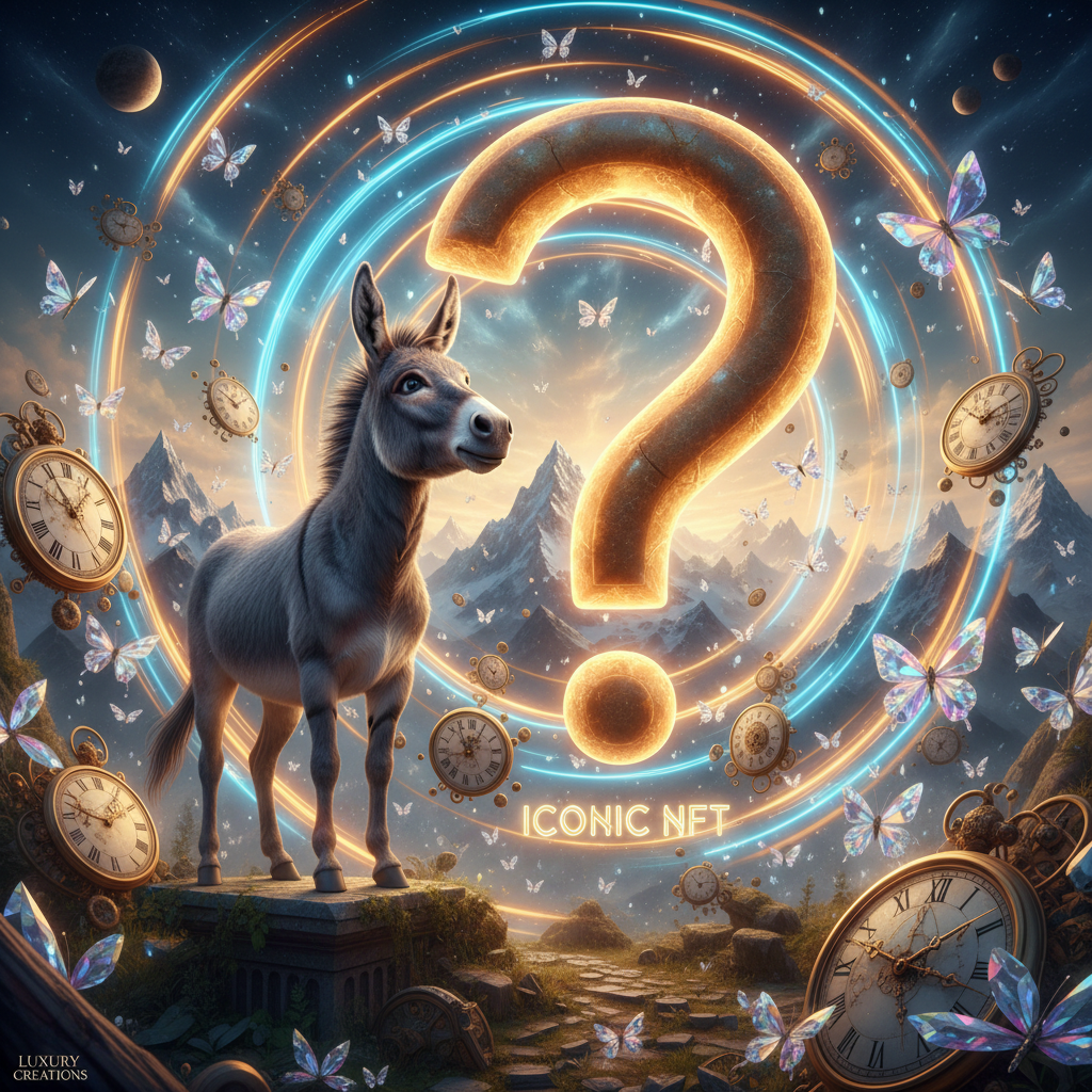 The Golden Question
!nb A majestic donkey standing before a gigantic glowing golden question mark t…