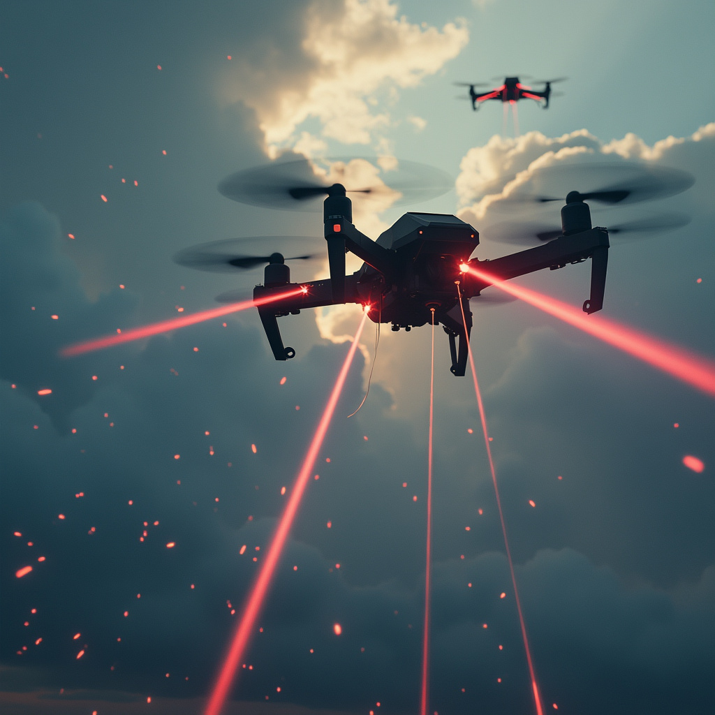 !flux drones in the sky firing lasers at each other