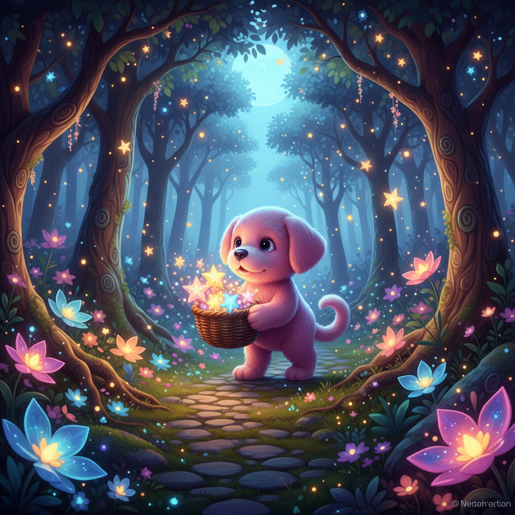The Wish Collector
!nb A charming pink puppy carrying a basket filled with glowing wishing stars, w…