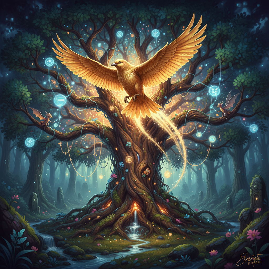 !nb  a golden bird flies over the treechat