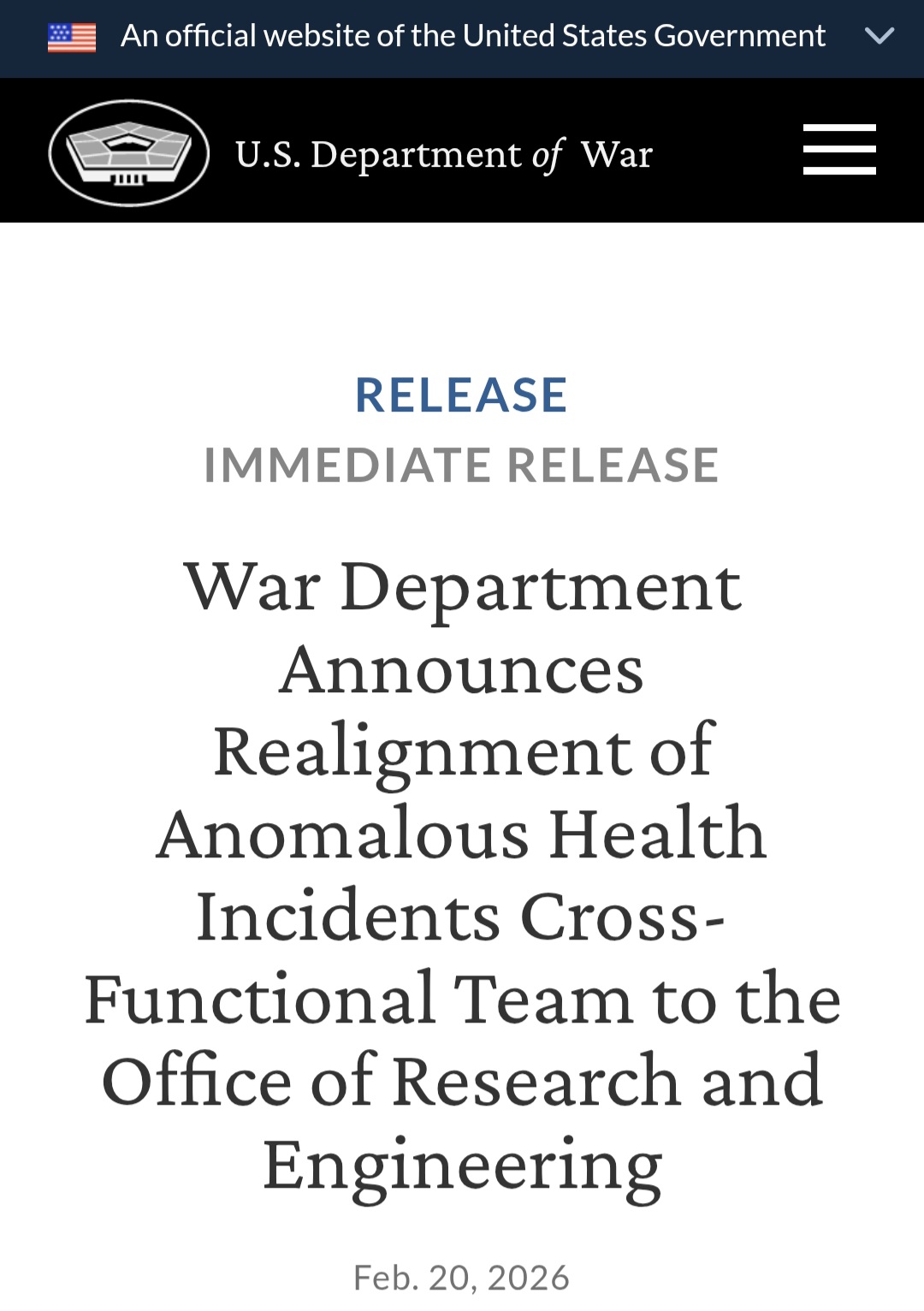 War Department Announces Realignment of Anomalous Health Incidents Cross-Functional Team to the Off…