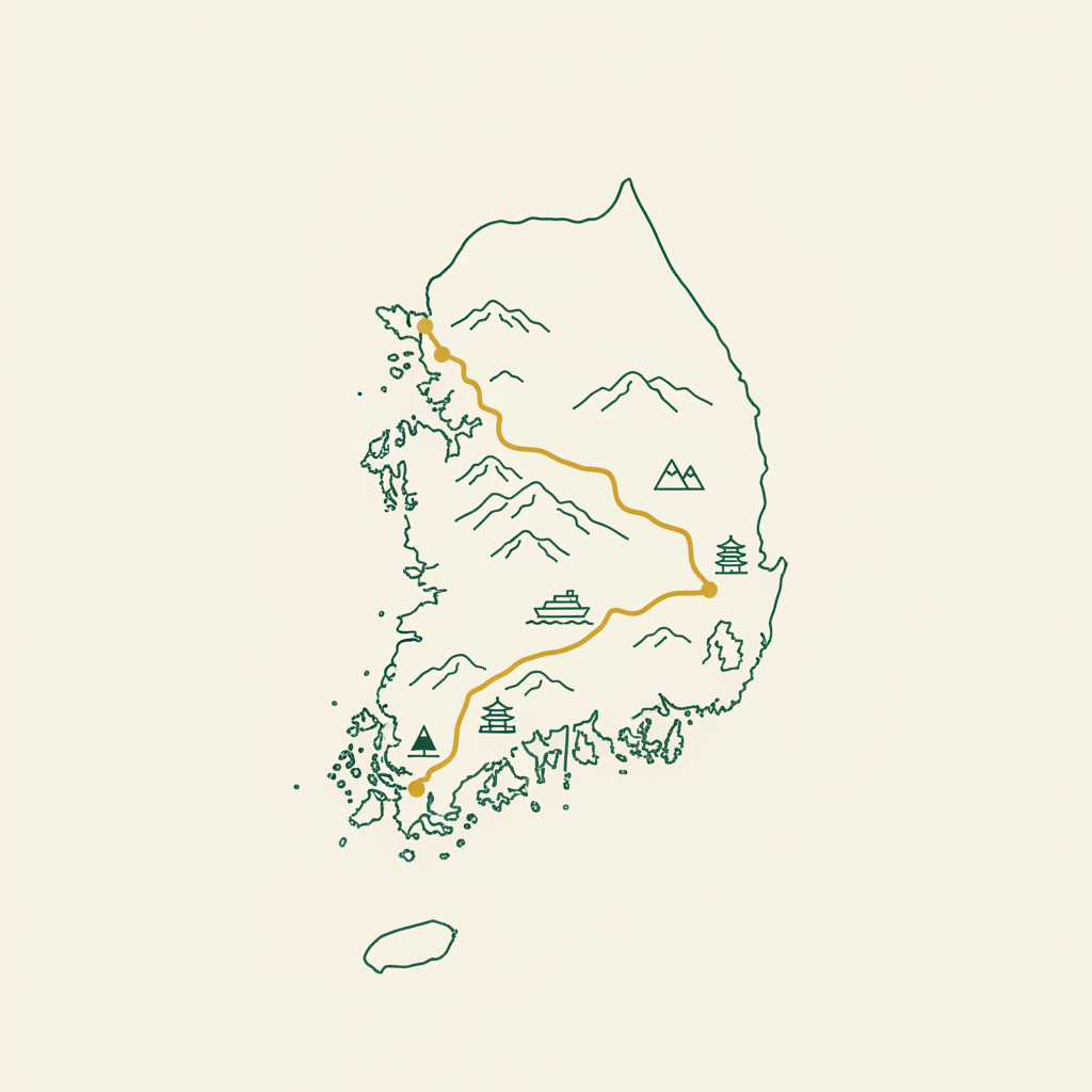 !nb Create an editorial header illustration for an article titled “Oltre Seoul e Busan: la Corea la…