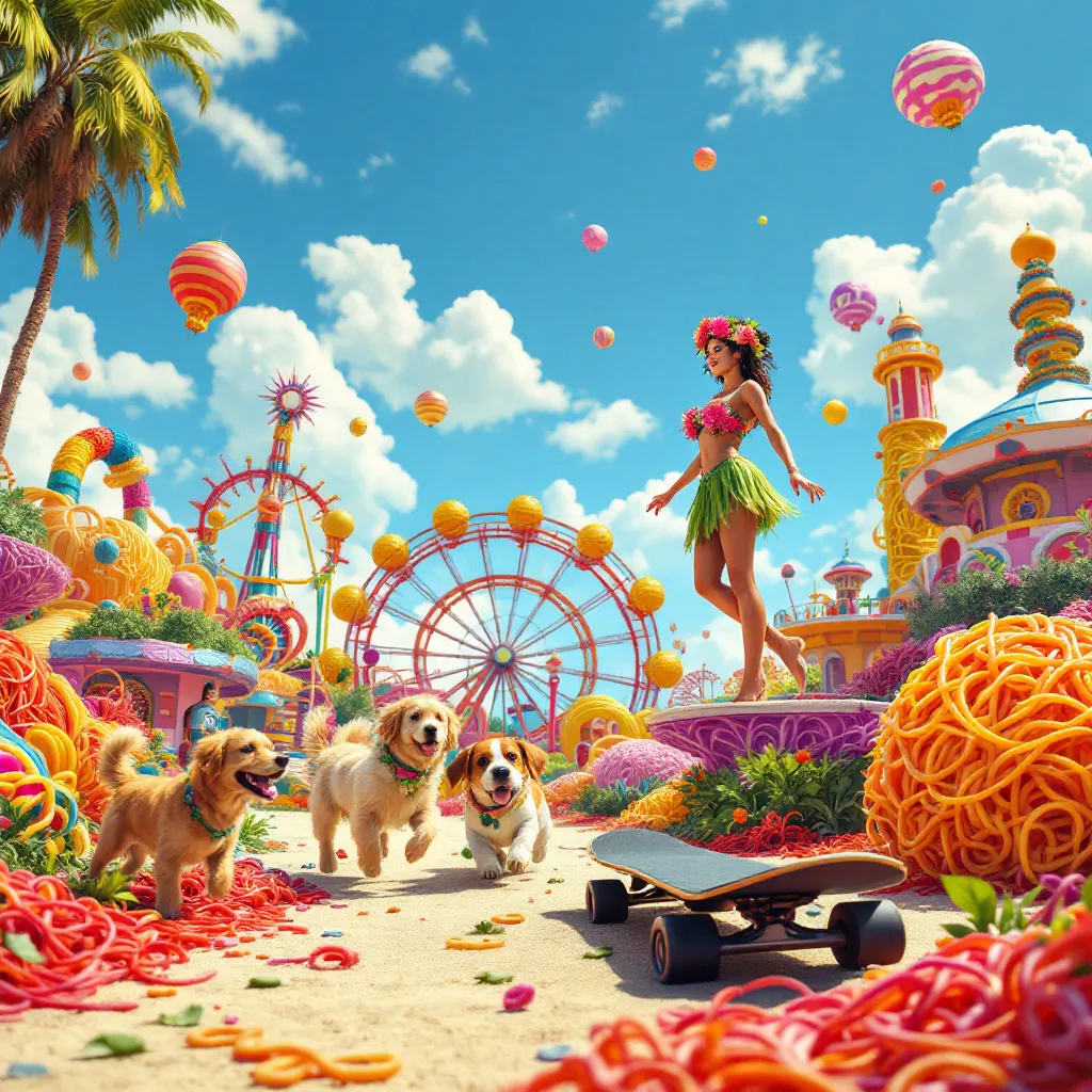 a shiny new example image featuring two dogs, a skateboard, and a hula dancer in an amusement park …