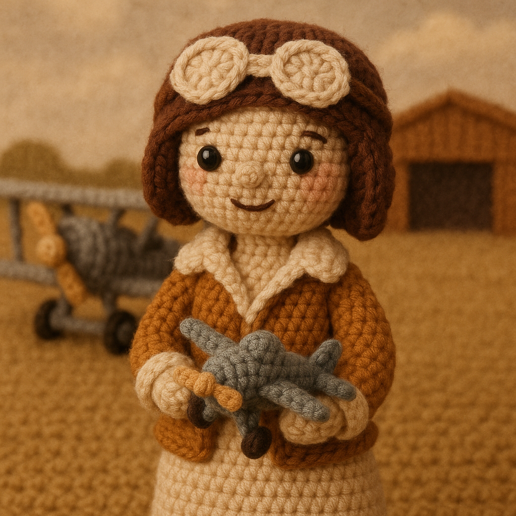 !gpt4o A crochet doll-style of Amelia Earhart, made with soft yarn textures and intricate handcraft…
