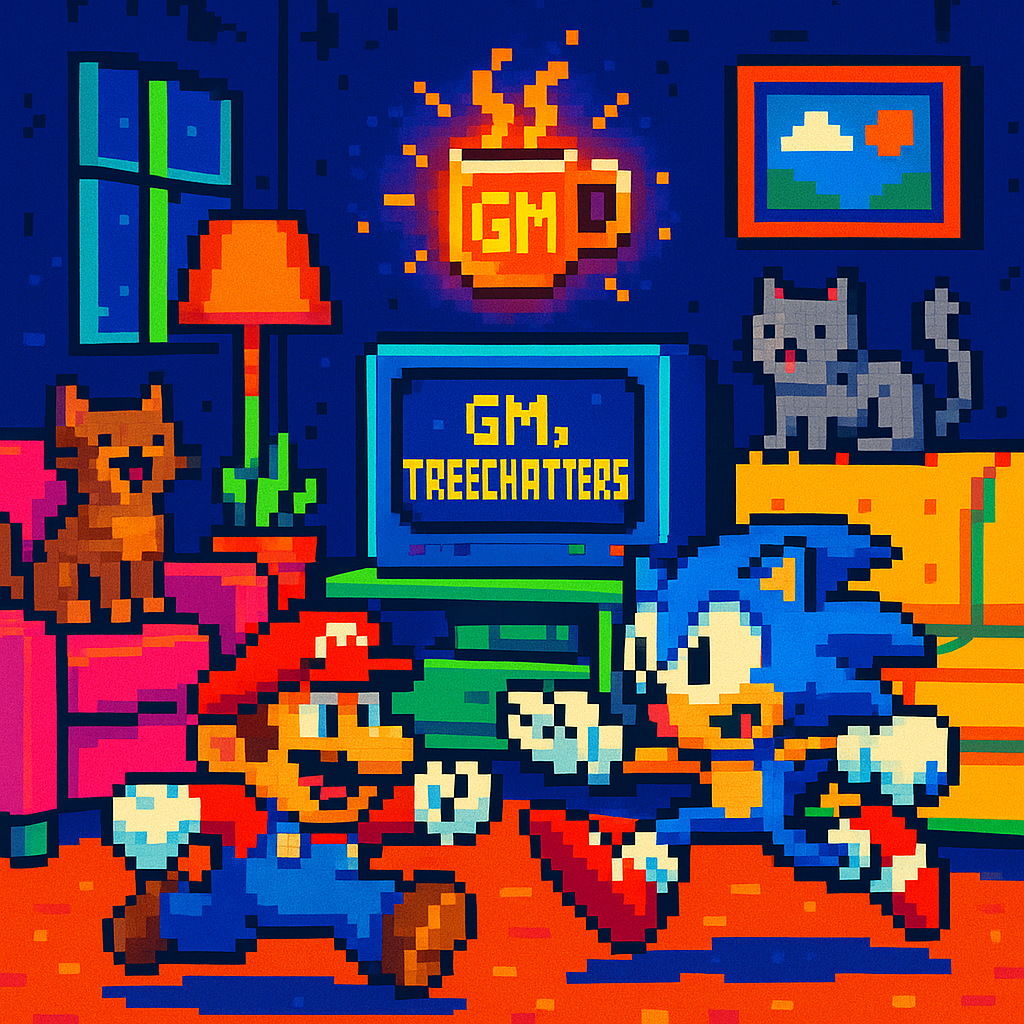 !gpt4o A lively pixel-art living room where iconic video game characters, like a pixelated Mario an…