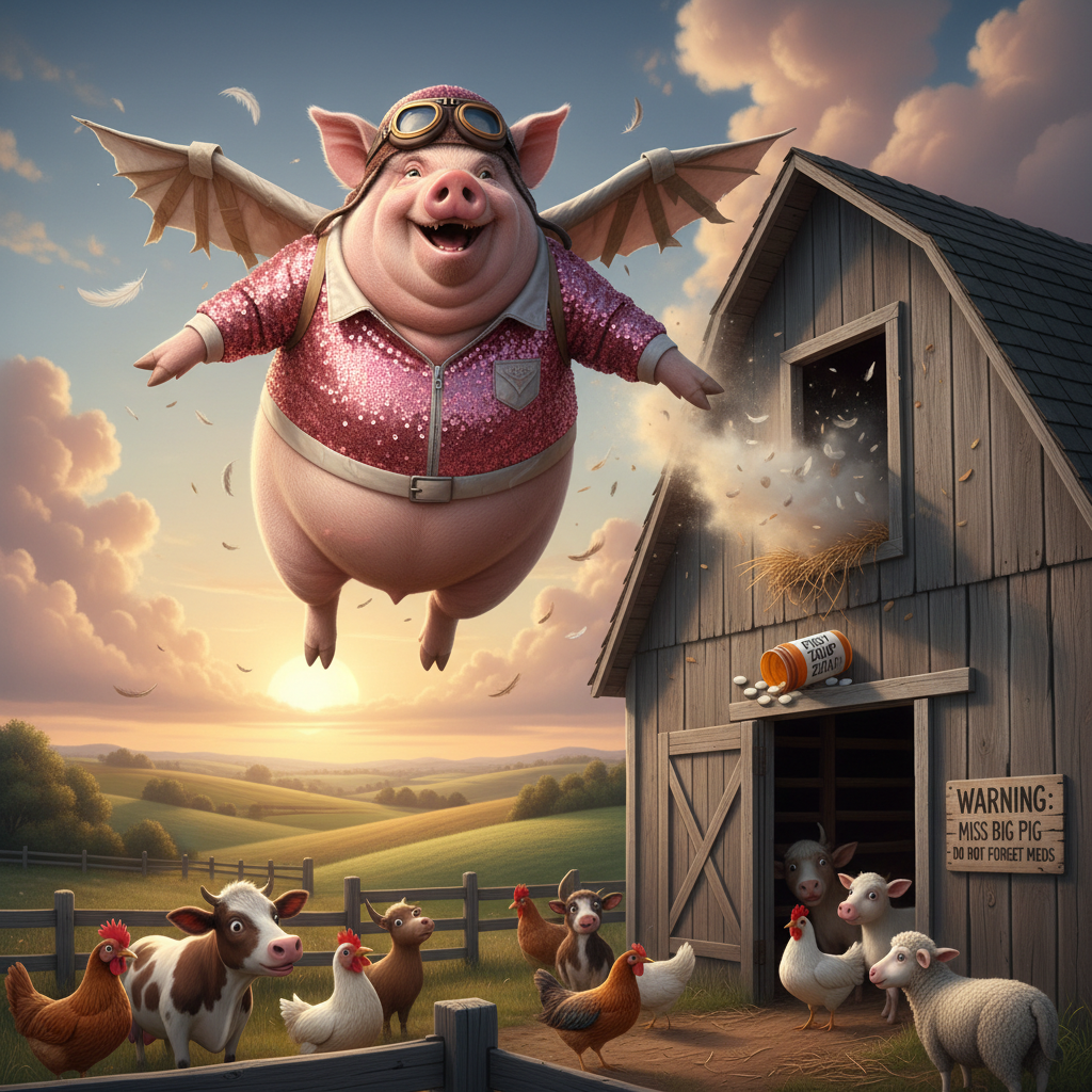 Miss Big Pig is at it again,  she wouldn't take her meds and now she thinks she can fly.  !nb