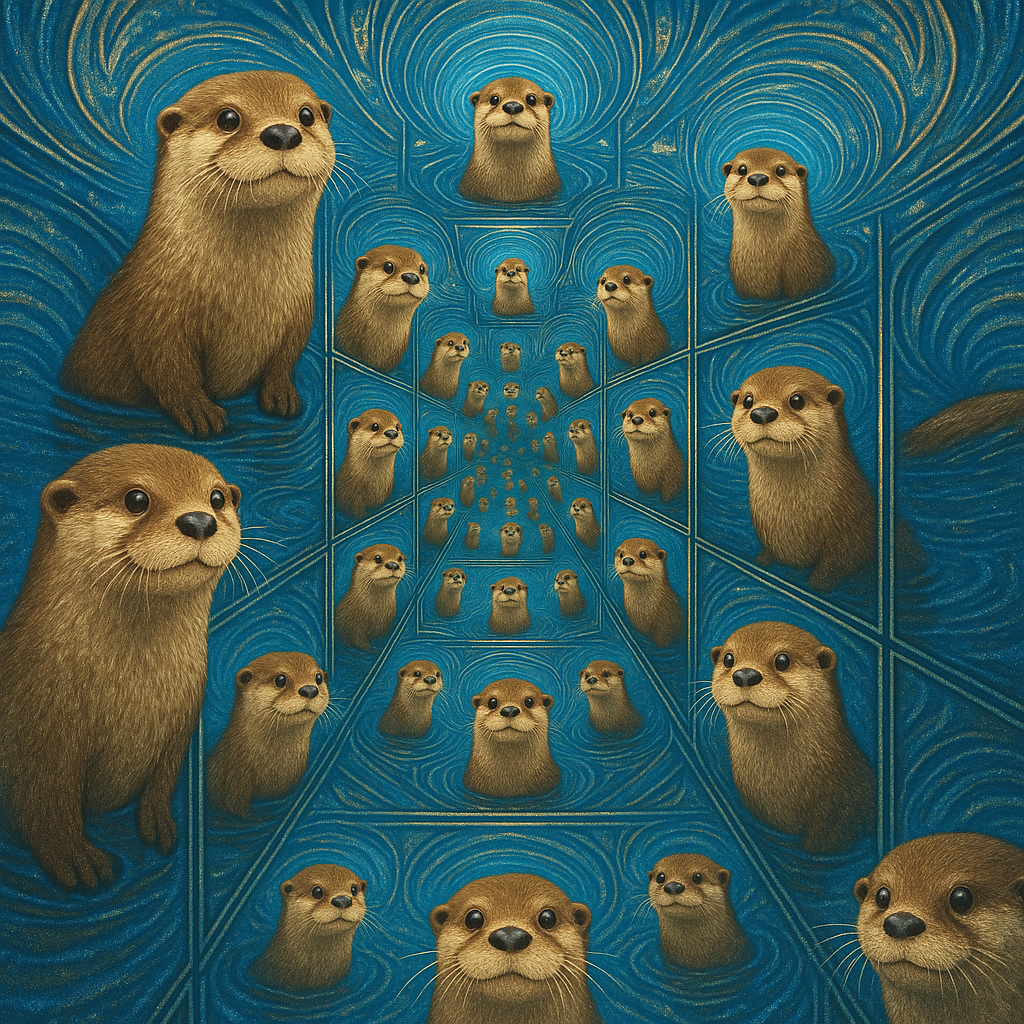 !gpt4o A playful otter reflected within a Fractal Infinity Mirror, creating endlessly repeating pat…