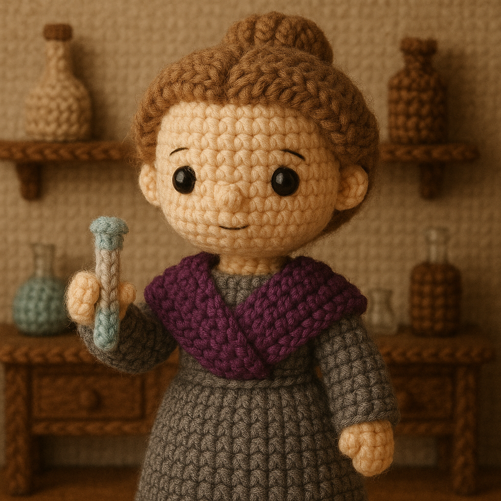 !gpt4o A crochet doll-style of Marie Curie, made with soft yarn textures and intricate handcrafted …
