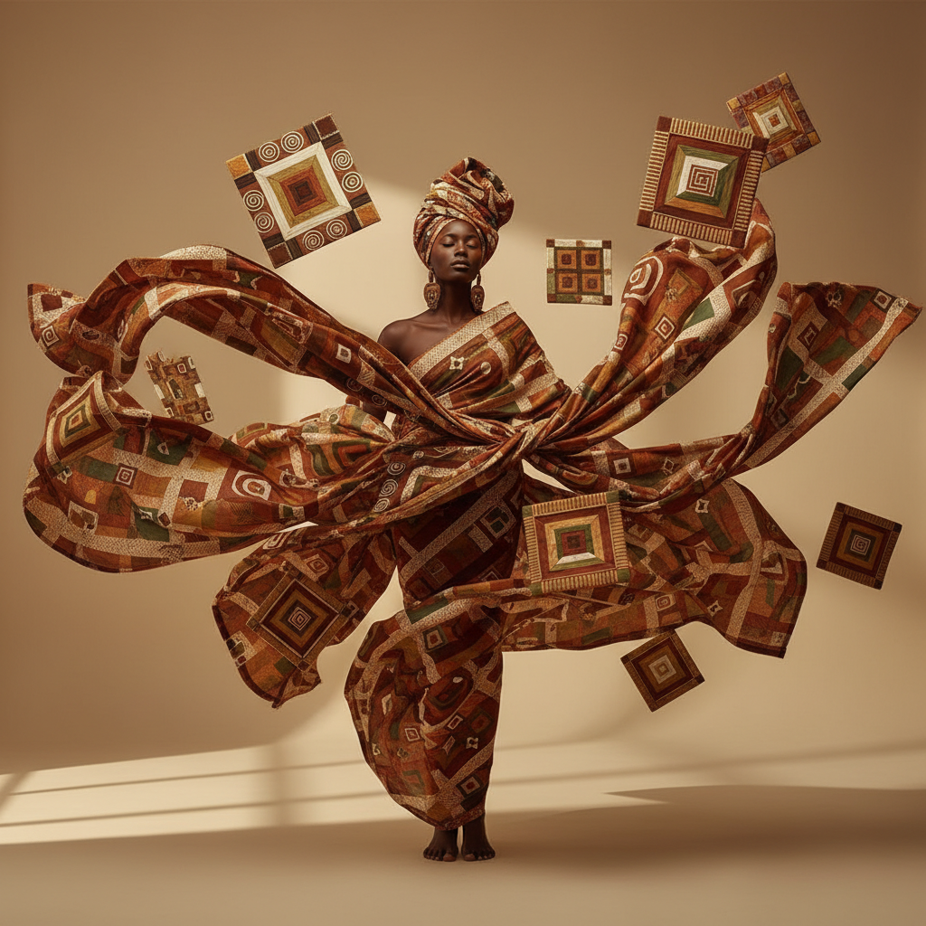 4. Mother of Patterns
African woman wrapped in flowing traditional fabrics forming geometric patter…