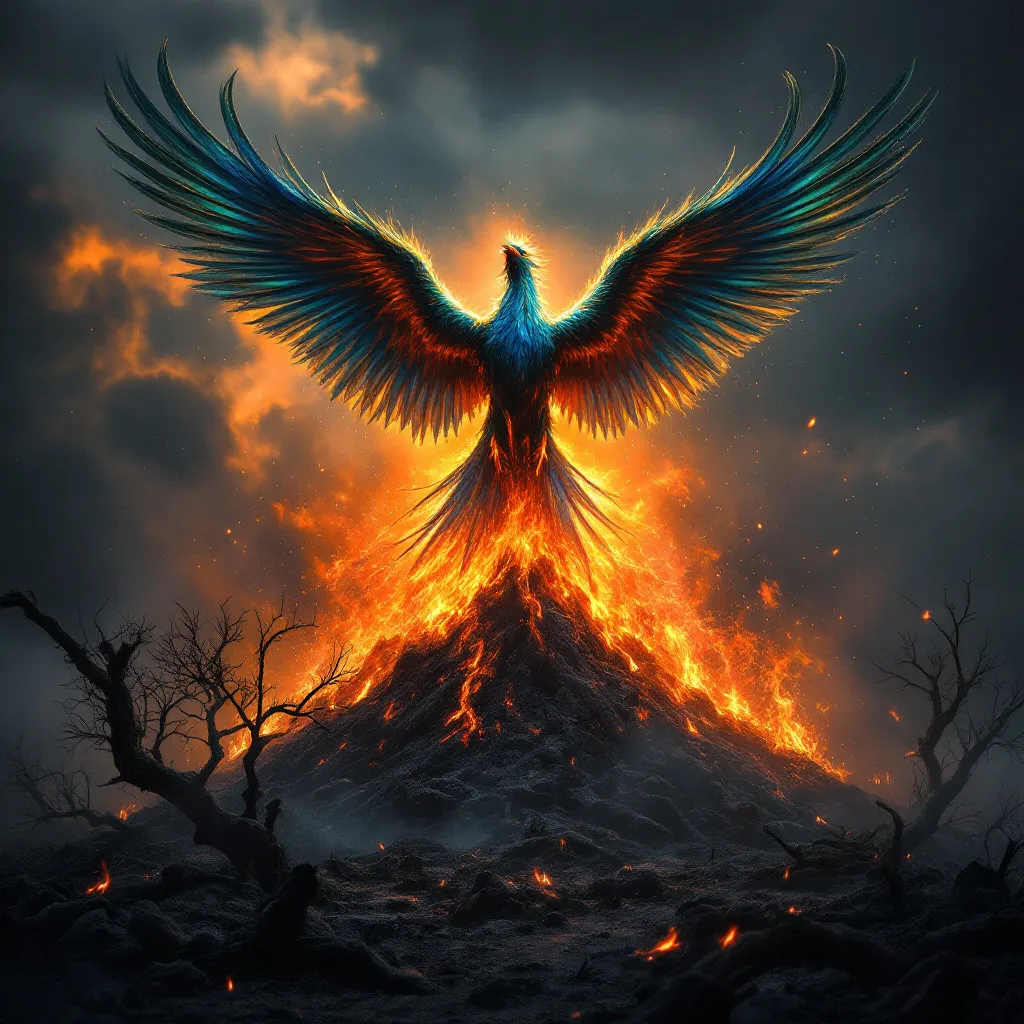 !flux11 generate image of a Phoenix rising from the ashes.