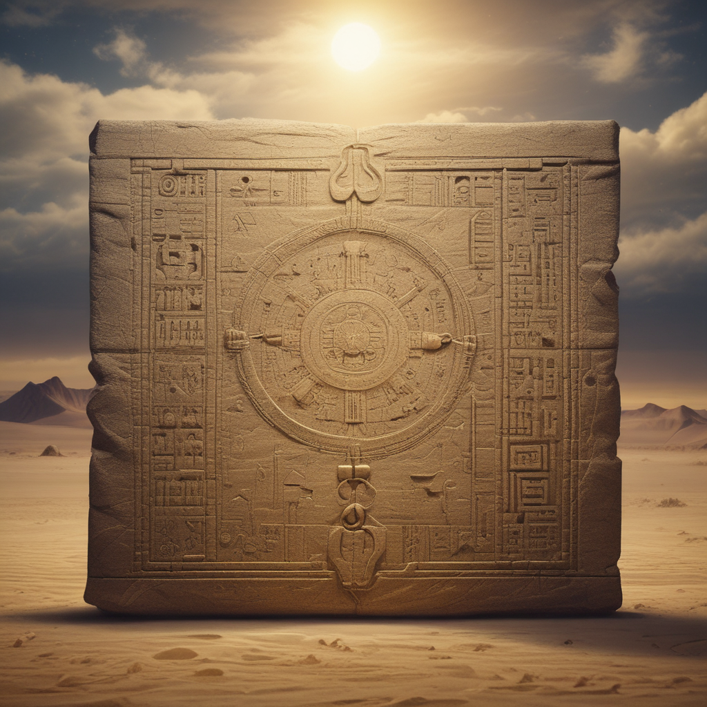 Ancient desert stone tablets half-buried in sand, engraved with abstract ledger symbols glowing fai…
