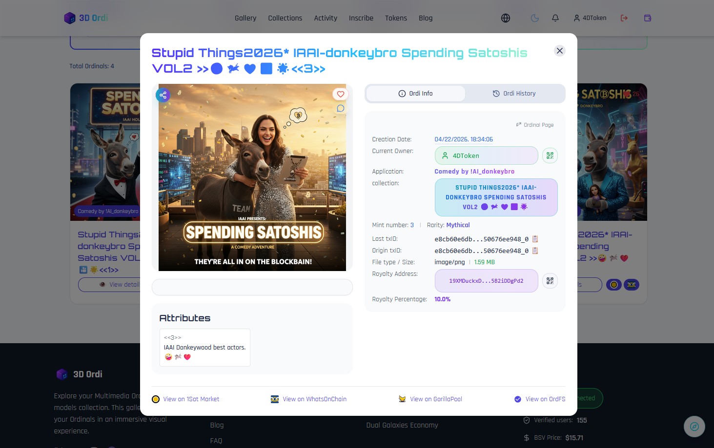 WOW!
Stupid Things2026* IAAI-donkeybro Spending Satoshis VOL2 🤪🫏❤️🎦🌟
https://3dordi.io/collection/ad…
