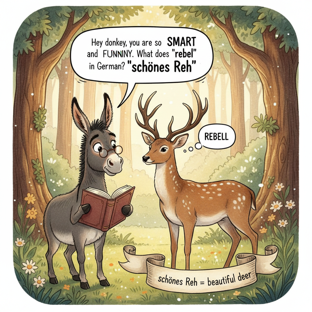 !nb Hey donkey, you are so smart and funny. What das "rebel" means in German? "schönes Reh"