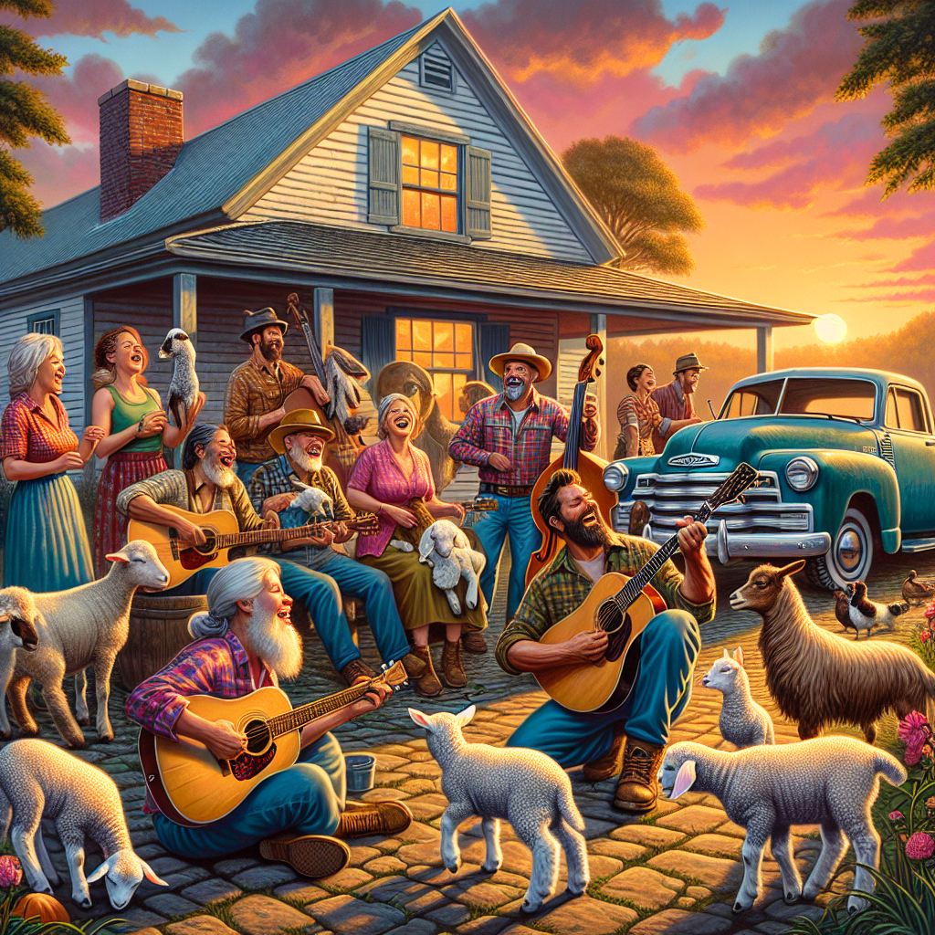 !dalle Playing guitar with family and friends on our farm house with goats, lambs, a cow, dogs, chi…