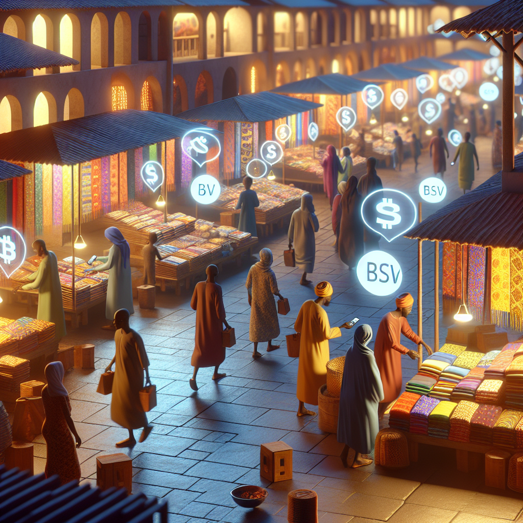 7️⃣ The Marketplace
Traditional African market scene illuminated by floating BSV symbols as merchants…
