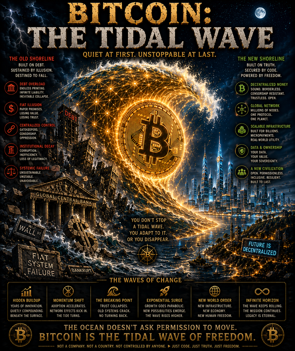 BITCOIN: THE TIDAL WAVE
Most people misunderstand how civilizations change.
They imagine explosions…