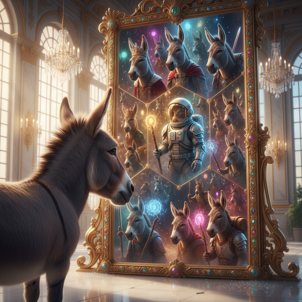 The Crystal Mirror of Identity
!nb A beautiful donkey gazing into a gigantic crystal mirror that re…