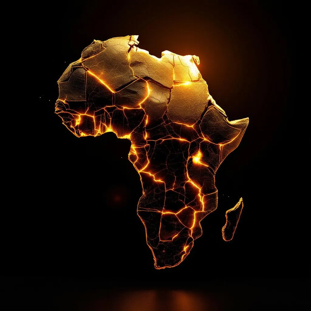 10. Africa Ascending
Stylized African continent rising like a sculpture of gold and earth, cracks g…