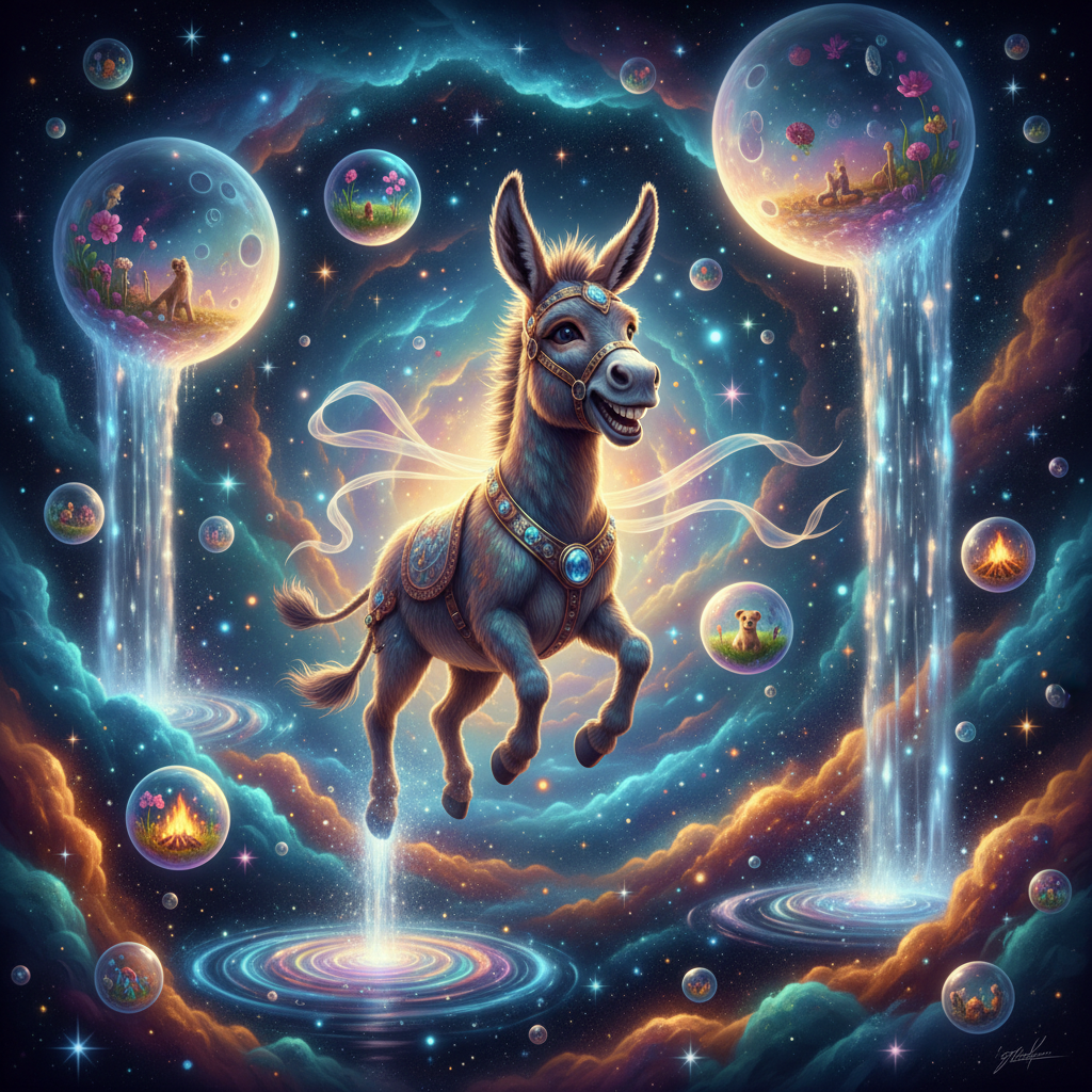 The Donkey of Infinite Dreams
!nb A beautiful smiling donkey floating through a galaxy of colorful …