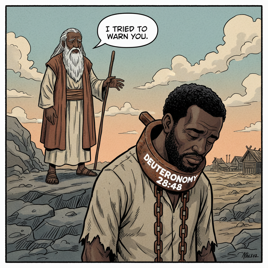 !nb cartoon of black slave in 16 century America with a yoke of iron on his neck with the words and…