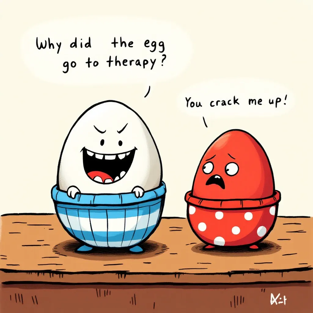 !flux Two cartoons eggs in a basket one tells a joke and second says You crack me up