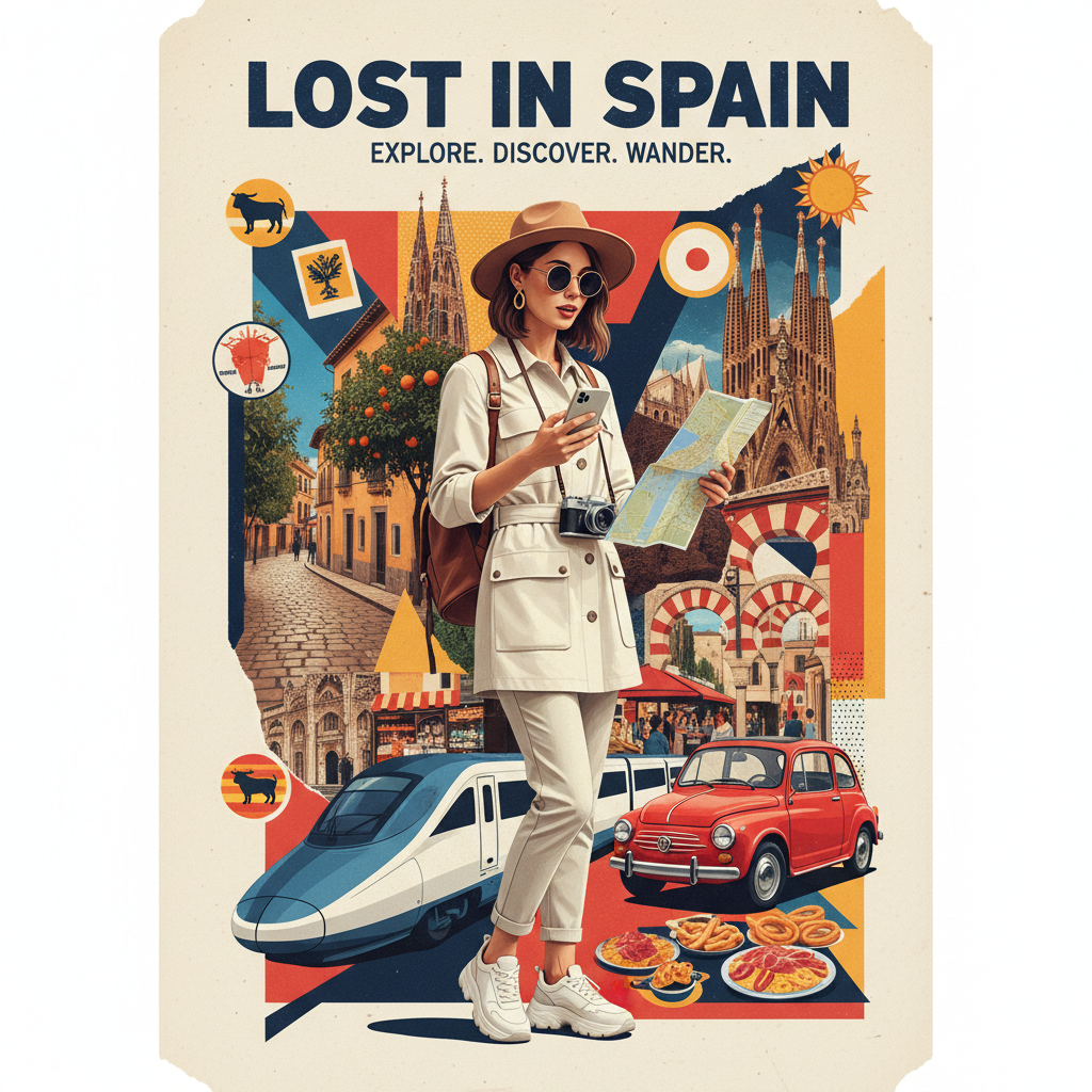 !nb Create a stylized travel poster / graphic collage for [Spain]. The main subject should be a sty…