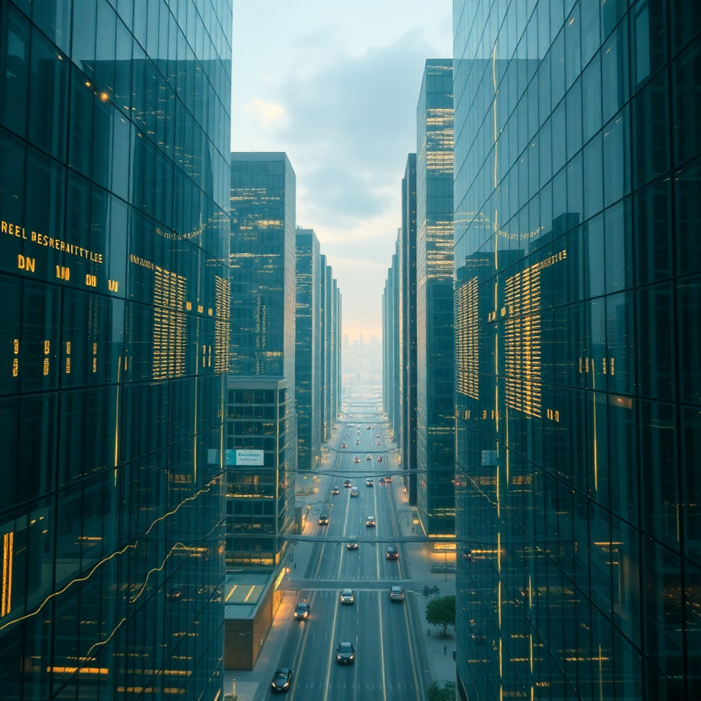 7️⃣ The Transparent Economy
A glass city where every transaction flows visibly through buildings as g…
