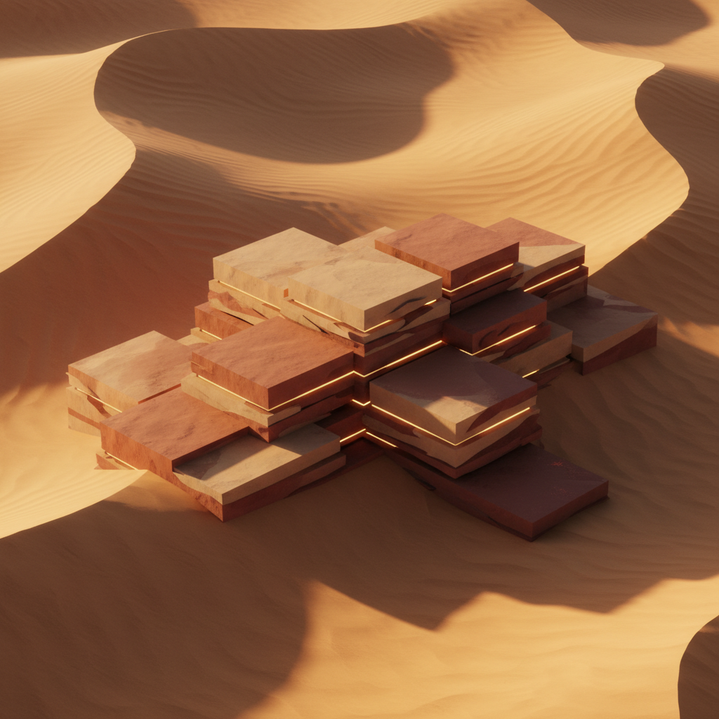 Endless Sahara dunes forming layered blockchain blocks from above, natural sand textures mixed with…
