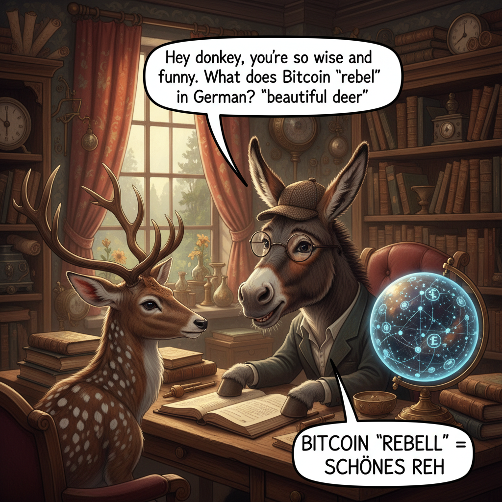 !nb Hey donkey, you're so wise and funny. What does Bitcoin "rebel" mean in German? "beautiful deer"