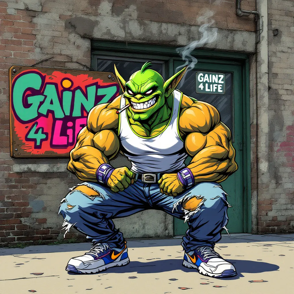 !flux early 1990's cartoon network style. Pleasant faced Goblin gym bro looking pumped after arm da…