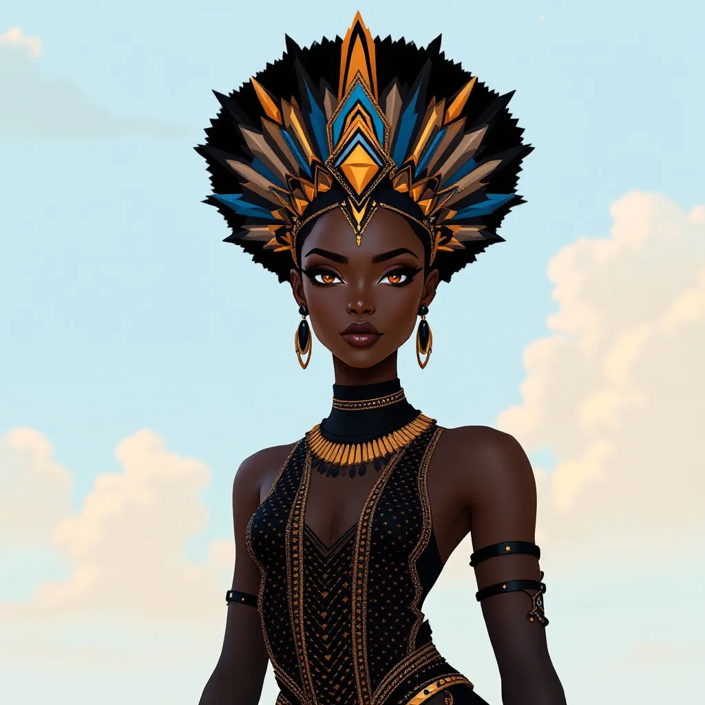 !flux11 A regal Black Queen, in 3D pixel, wearing a geometric crown fused with tribal patterns in s…