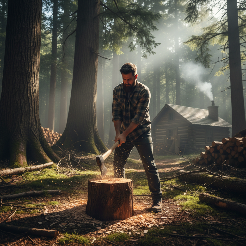 !nb forest, a man chopping woods with his axe