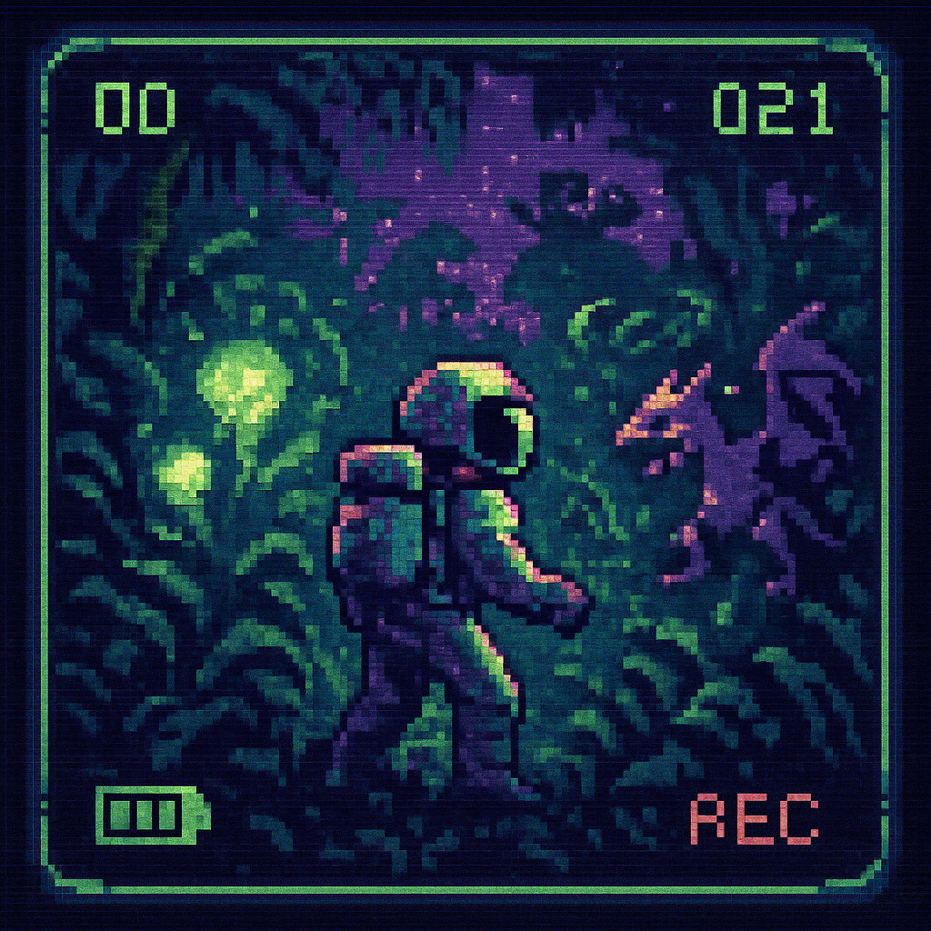 !gpt4o Pixel-art scene of an astronaut exploring an alien jungle, viewed through a simulated lens, …